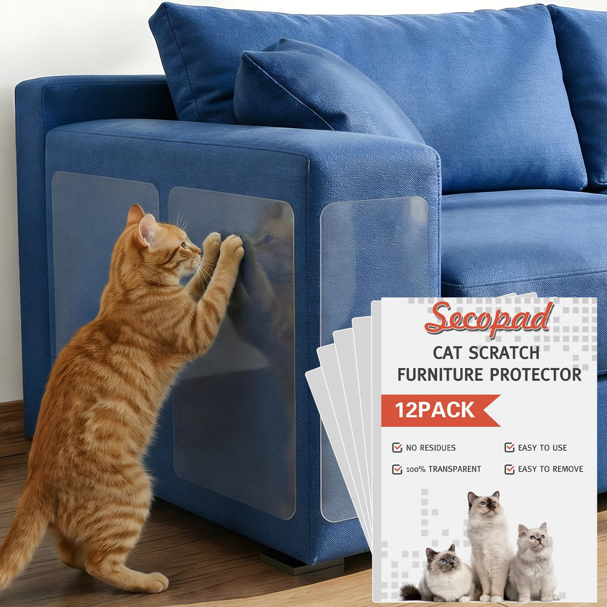 Secopad Large Cat Scratch Furniture Protector, Transparent Couch Protector from Cat Claws, Single-Sided Self Adhesive Anti Pet Deterrent Sofa Cover