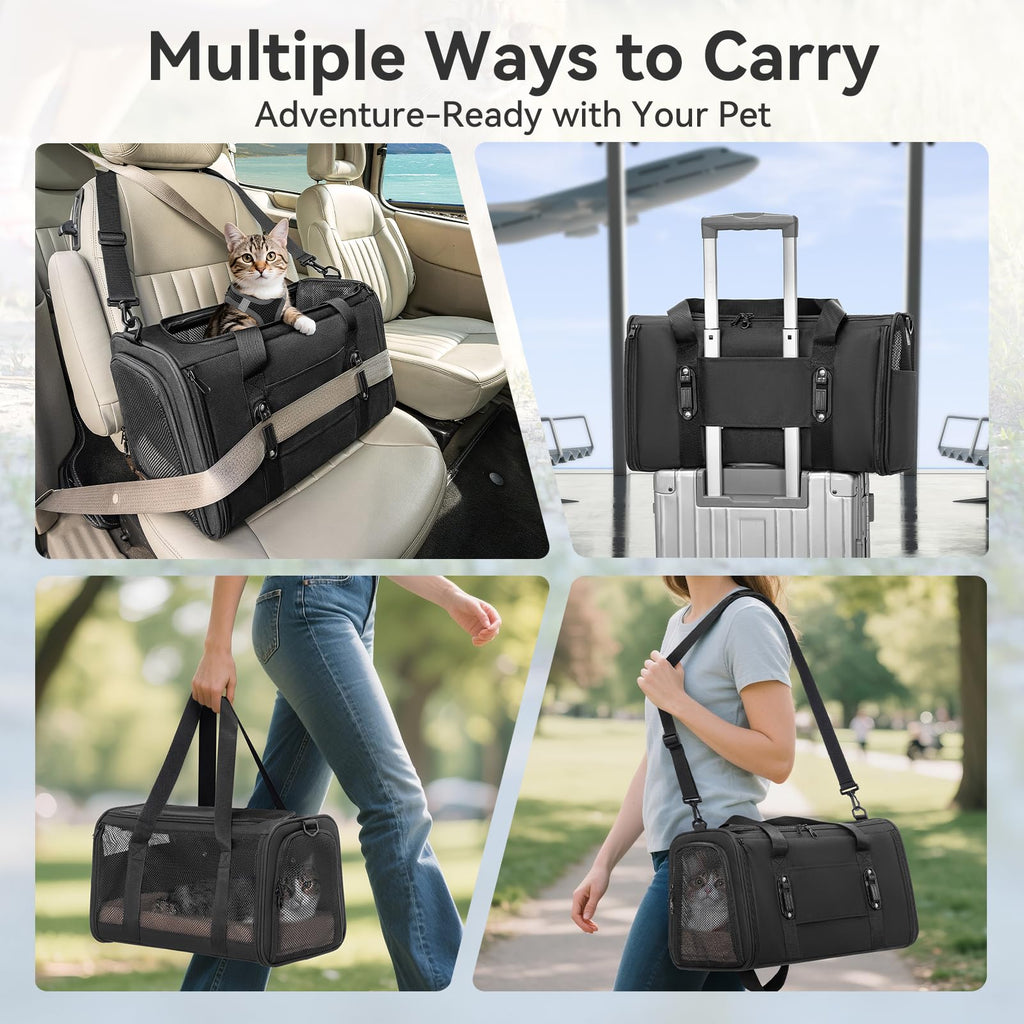 Petsfit 18 X 11 X 11 Airline Approved & Cat Car Carrier, with Patent Safety Buckles & Lockable Zippers Preventing Escapes, Breathable Mesh & Padded Mat — Portable, Stress-Free Travel Carrier