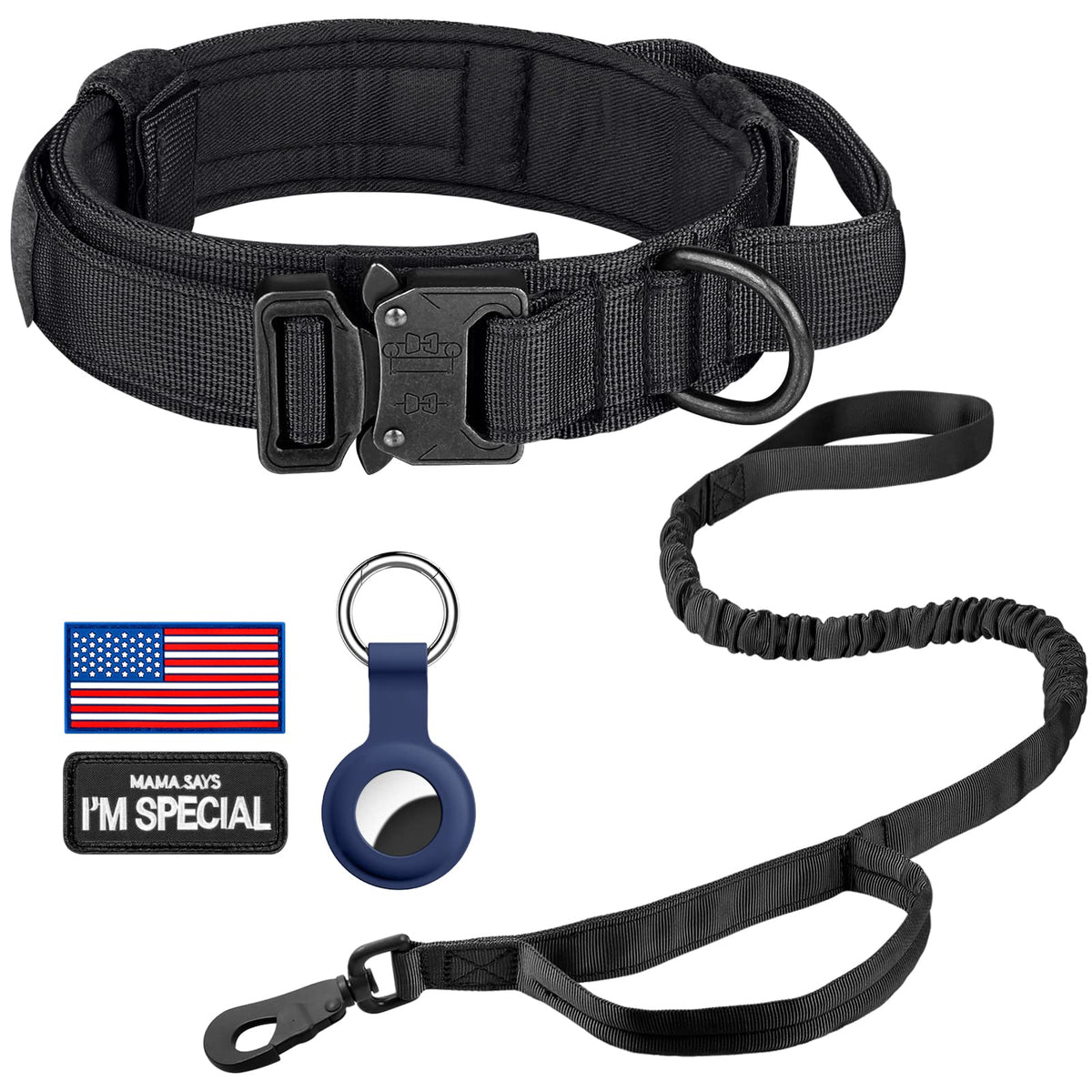 DAGANXI Tactical Dog Collar, Adjustable Military Training Nylon Dog Collar with Control Handle and Heavy Metal Buckle for Medium and Large Dogs, with Patches and Airtags Case
