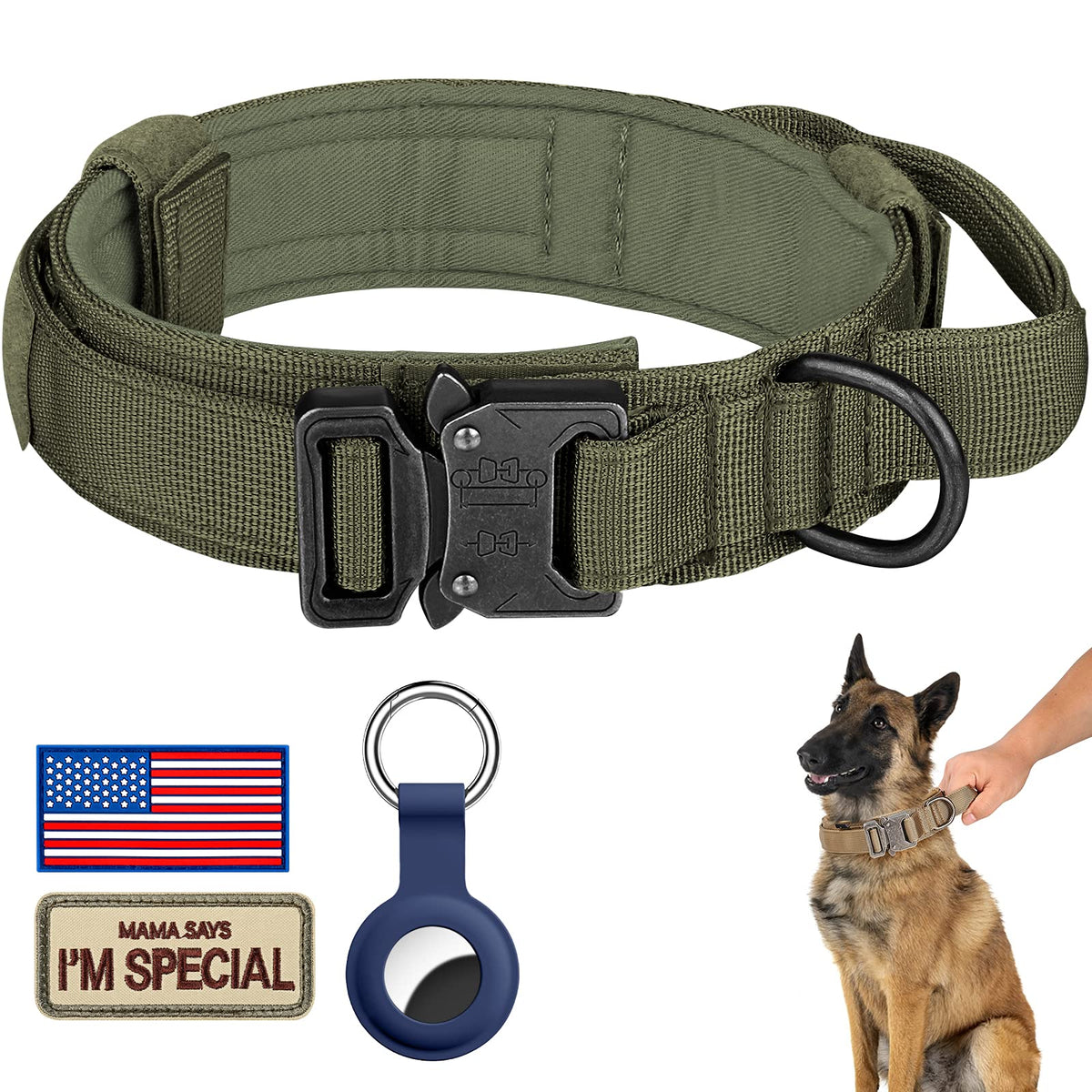 DAGANXI Tactical Dog Collar, Adjustable Military Training Nylon Dog Collar with Control Handle and Heavy Metal Buckle for Medium and Large Dogs, with Patches and Airtags Case