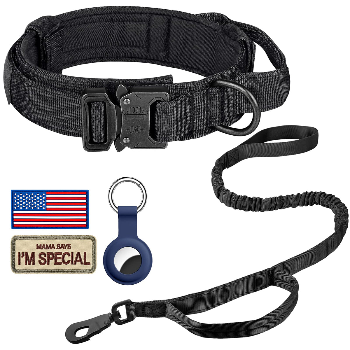 DAGANXI Tactical Dog Collar, Adjustable Military Training Nylon Dog Collar with Control Handle and Heavy Metal Buckle for Medium and Large Dogs, with Patches and Airtags Case