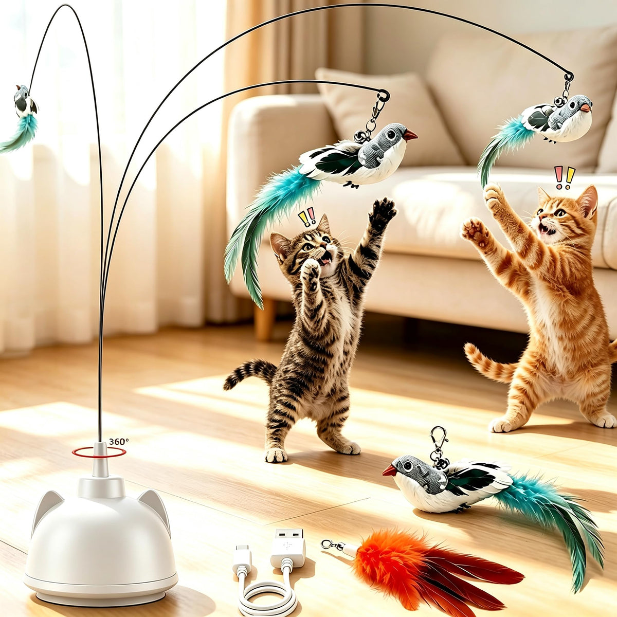 Interactive Cat Toys for Indoor Cats, Automatic 360° Spinning Cat Wand Toy, Strong Suction Cup Base, USB Rechargeable, Detachable Wand, 2 Feather Refills, 2 Speeds, 3 Modes for Cats of All Ages