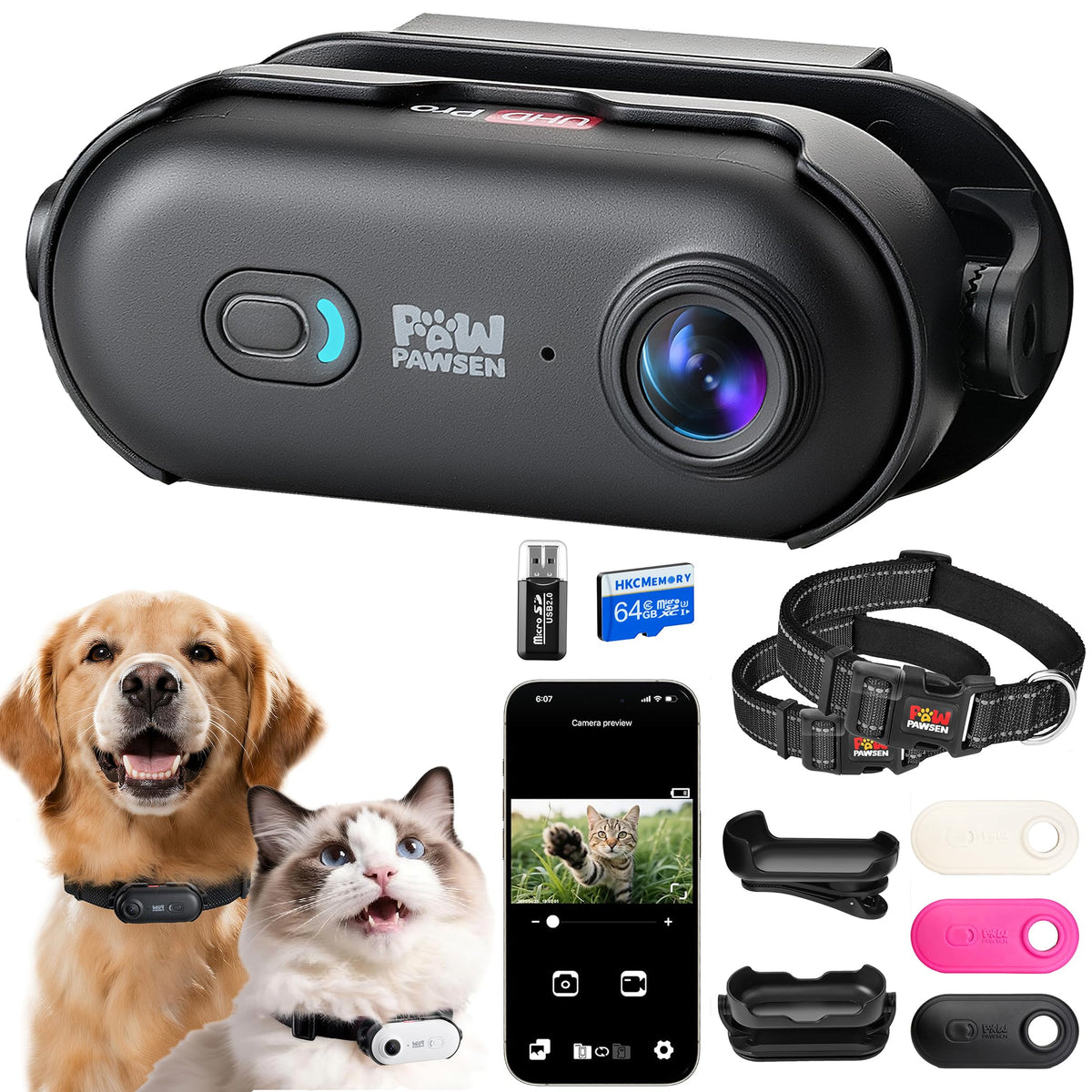 PAWPAWSEN 4K Pet Camera Collar – Mini Action Camera for Pets with Video Recording, Wireless Body Cam for Pet Supplies, Outdoor/Indoor Gift for Cats and Dogs
