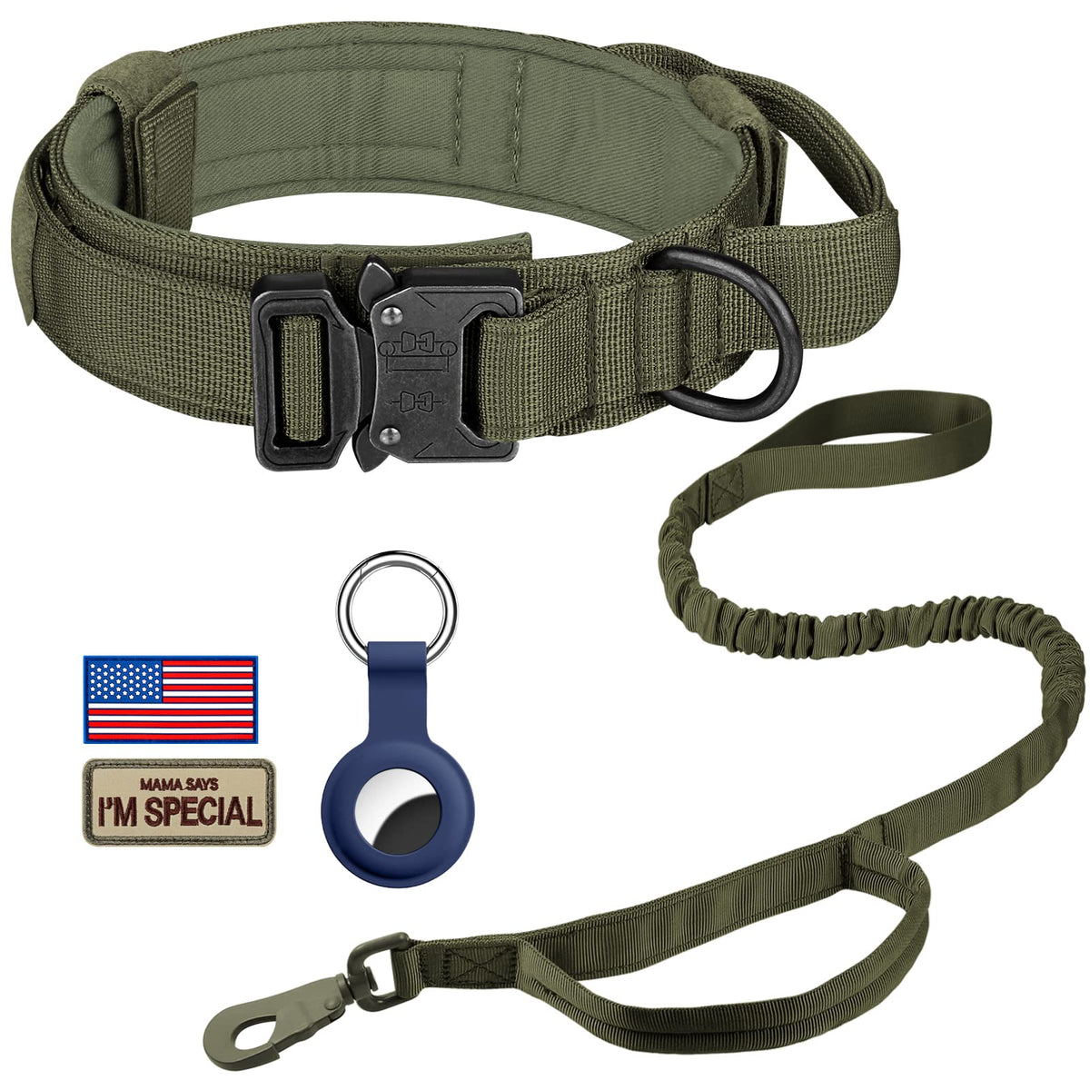 DAGANXI Tactical Dog Collar, Adjustable Military Training Nylon Dog Collar with Control Handle and Heavy Metal Buckle for Medium and Large Dogs, with Patches and Airtags Case