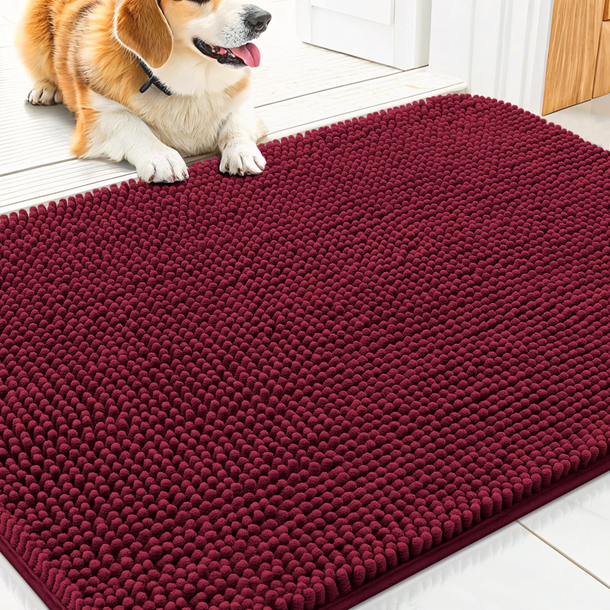 Smiry Dog Door Mat for Muddy Paws, Absorbent Dirt Trapper, Non-Slip Washable Chenille Entryway Rug for Inside Floor