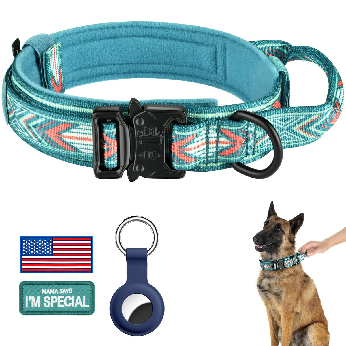 DAGANXI Tactical Dog Collar, Adjustable Military Training Nylon Dog Collar with Control Handle and Heavy Metal Buckle for Medium and Large Dogs, with Patches and Airtags Case