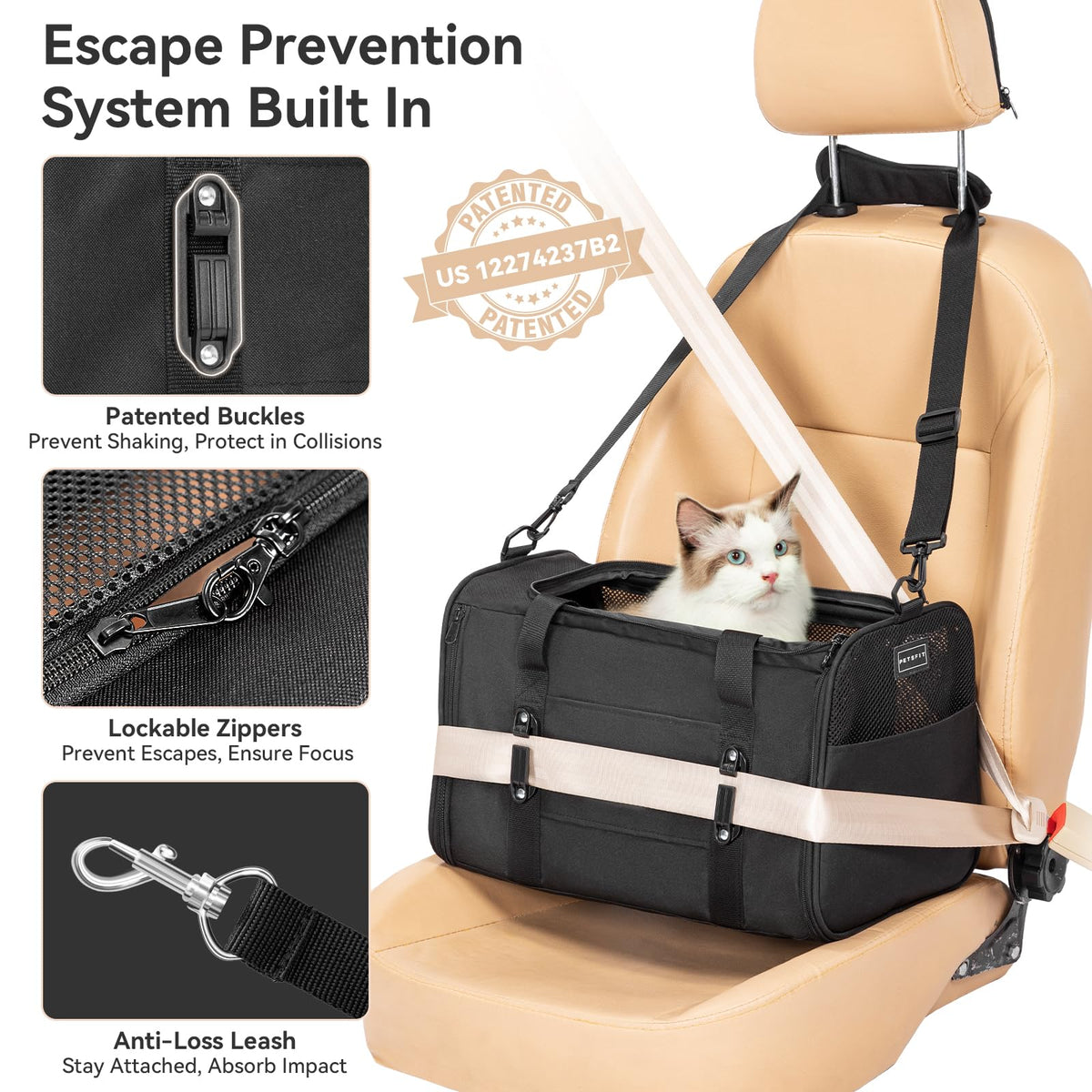 Petsfit 18 X 11 X 11 Airline Approved & Cat Car Carrier, with Patent Safety Buckles & Lockable Zippers Preventing Escapes, Breathable Mesh & Padded Mat — Portable, Stress-Free Travel Carrier