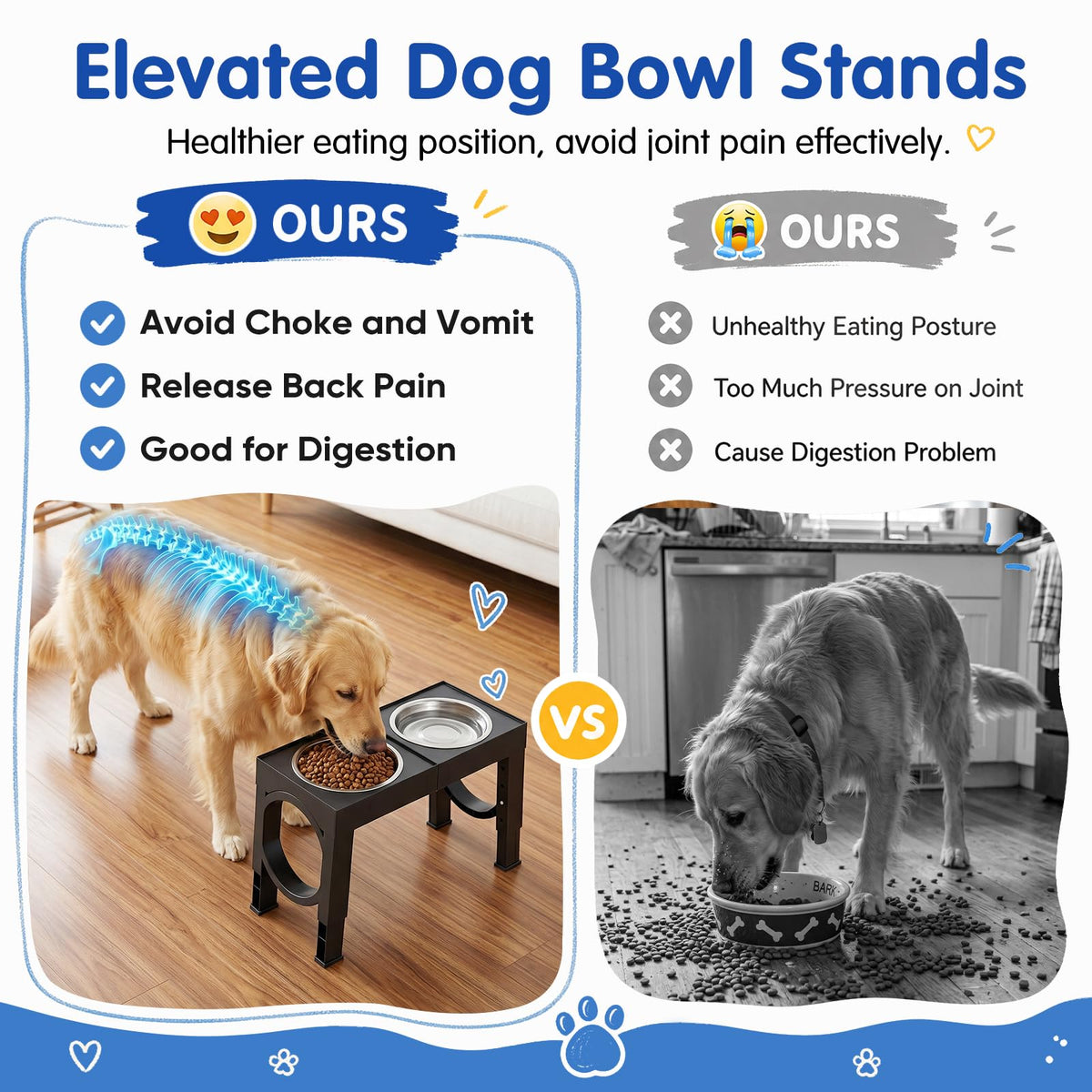 XIAZ Elevated Dog Bowls for Medium/Large Breeds, 4 Height-Adjustable Stainless Steel Dog Food & Water Bowls, No-Slip Portable Feeder for Travel