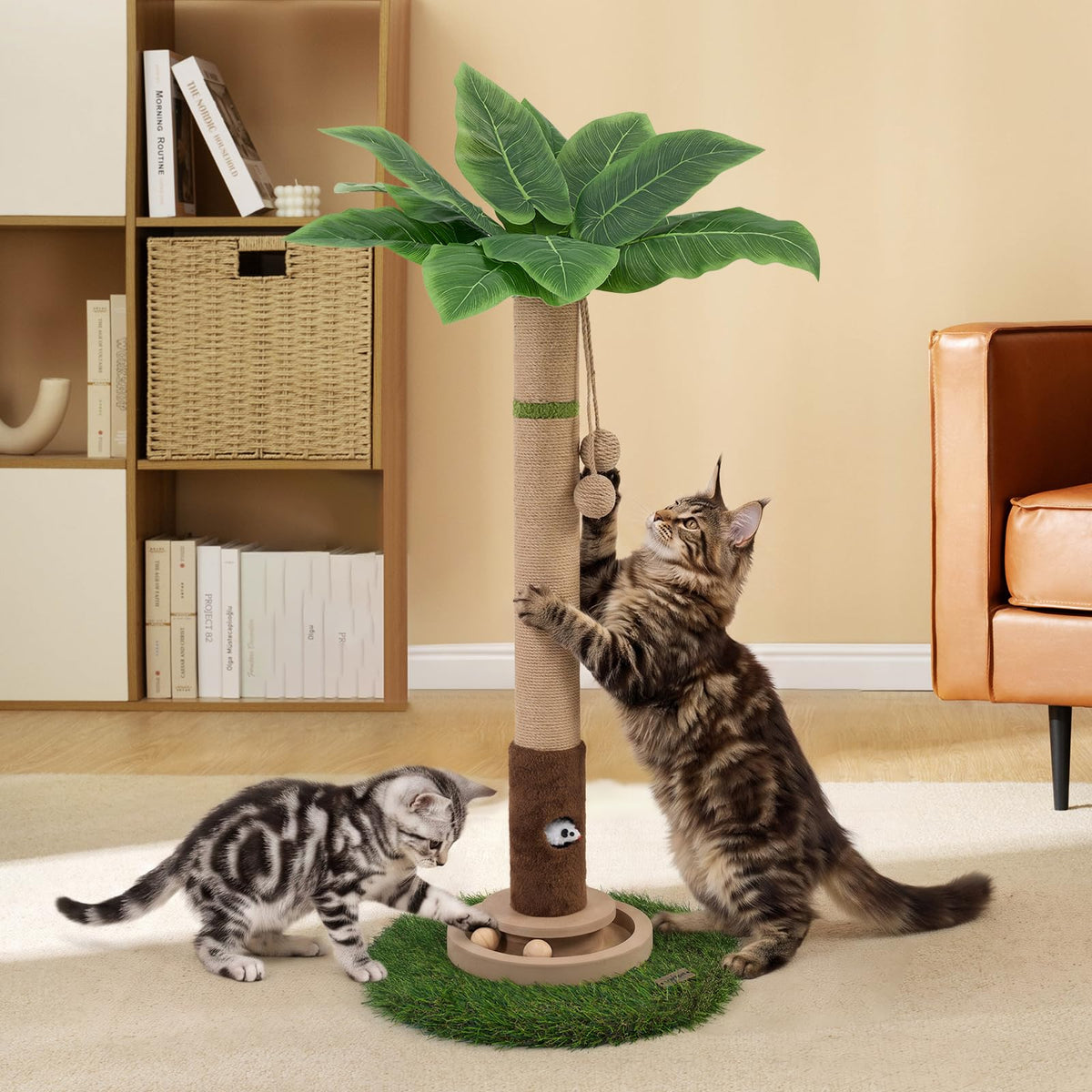WOOCHPET Cat Scratching Post for Indoor Cats 35" Tall, Sisal Cat Scratcher with Mouse Toy and Track Balls, Wooden Base