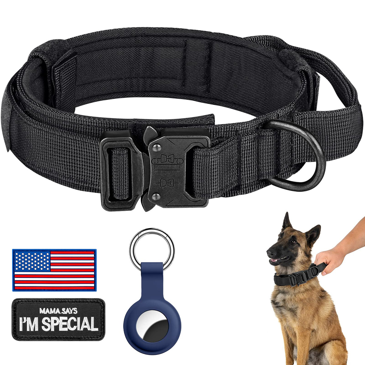 DAGANXI Tactical Dog Collar, Adjustable Military Training Nylon Dog Collar with Control Handle and Heavy Metal Buckle for Medium and Large Dogs, with Patches and Airtags Case
