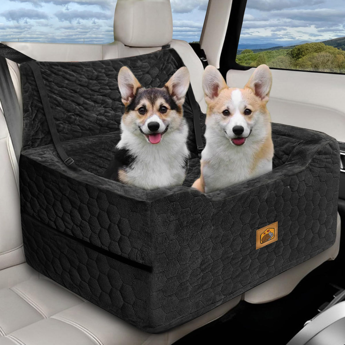 Dog Car Seat for Small/Medium Dogs, Memory Foam Dog Booster Seat, Travel Safety Per Car Seat with Washable Removable Cover, Storage Pockets for Dogs up to 35 lbs