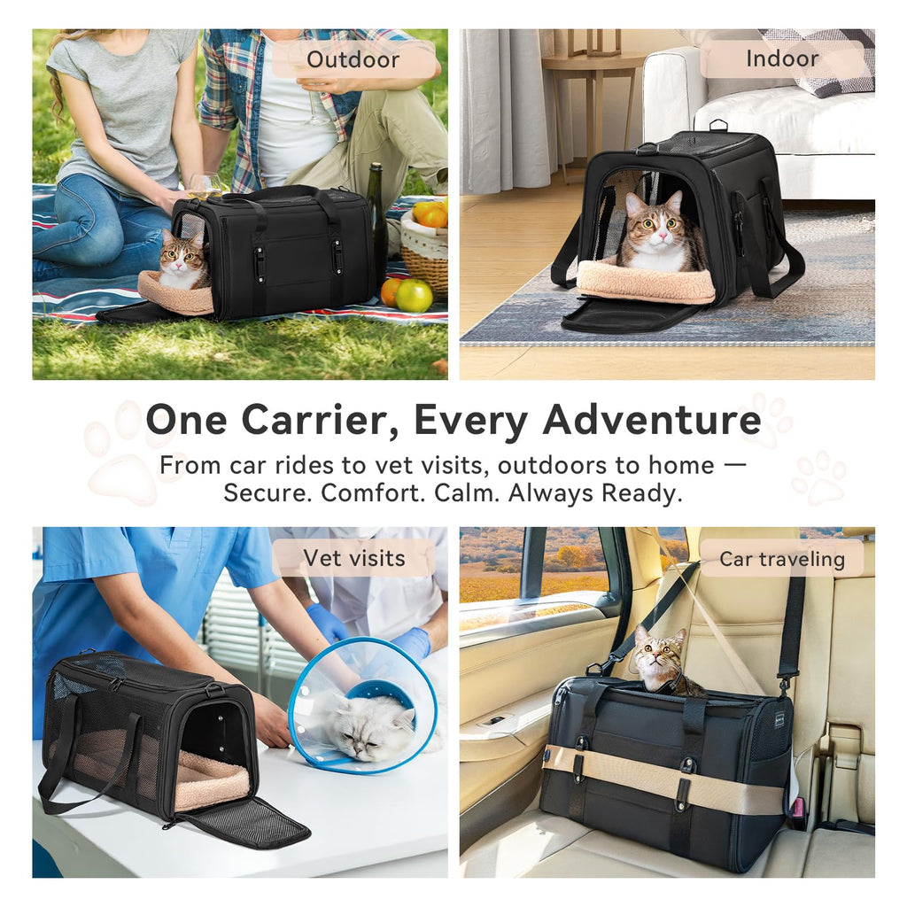 Petsfit 18 X 11 X 11 Airline Approved & Cat Car Carrier, with Patent Safety Buckles & Lockable Zippers Preventing Escapes, Breathable Mesh & Padded Mat — Portable, Stress-Free Travel Carrier