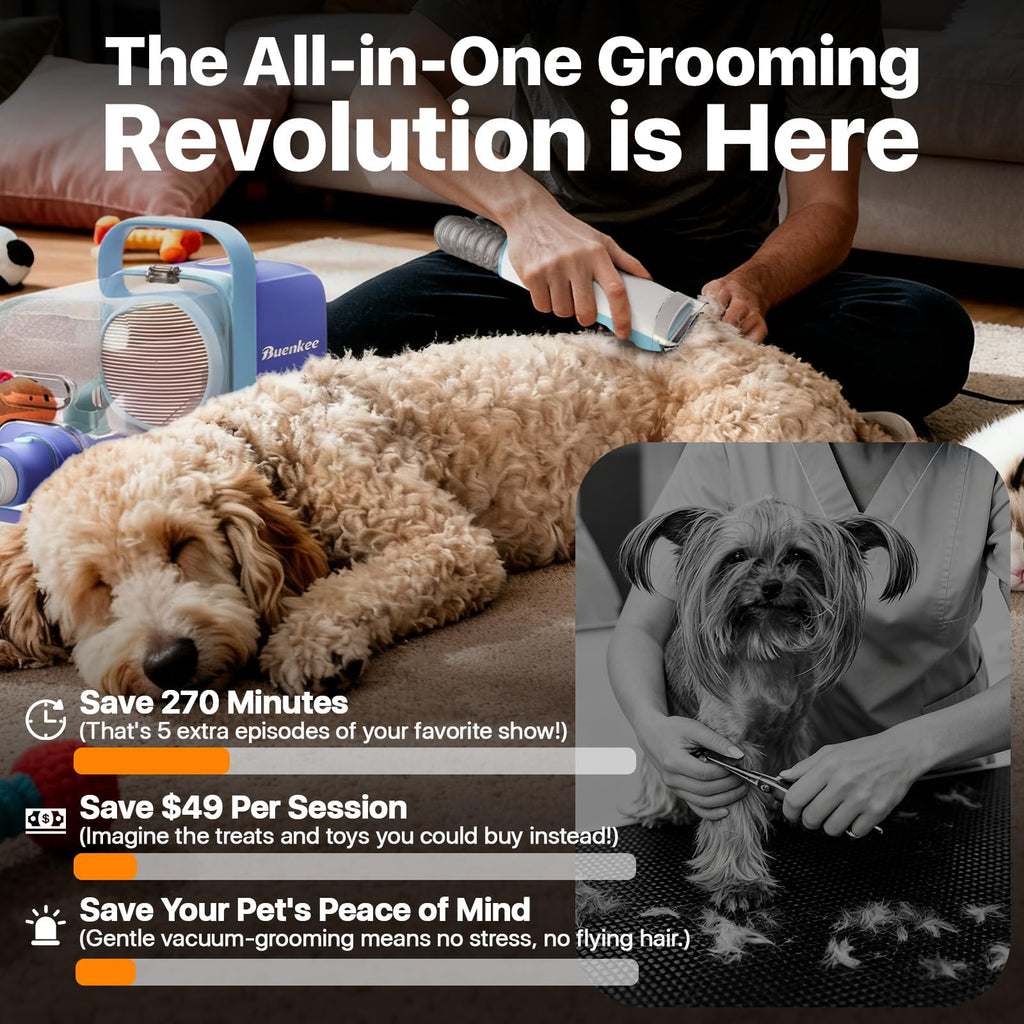 buenkee Dog Grooming Kit with Vacuum, 15000Pa Pet Hair Clipper and Shedding Brush, 50dB Low Noise, 2L Capacity, White
