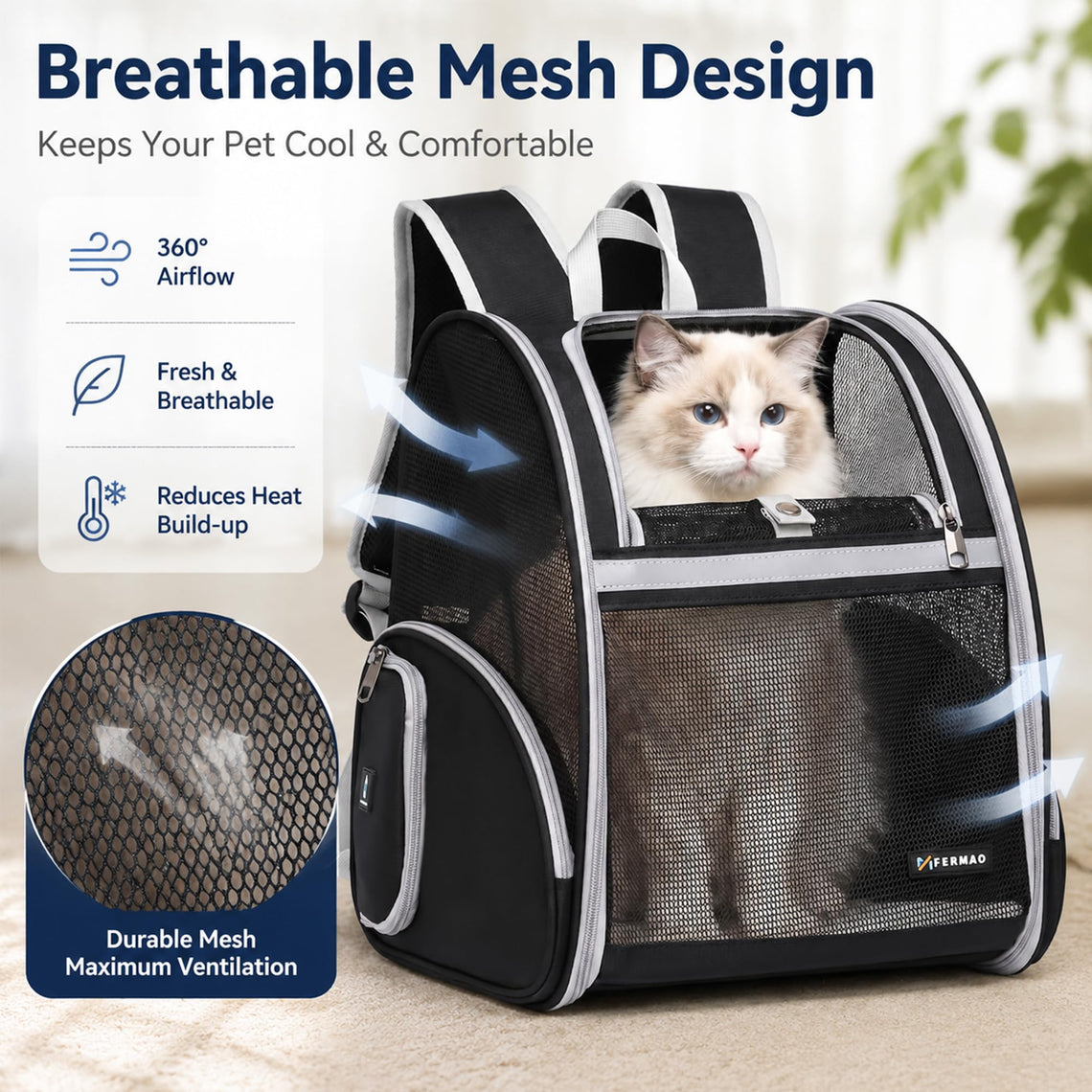 Ventilated Cat Backpack Carrier with Safety Leash