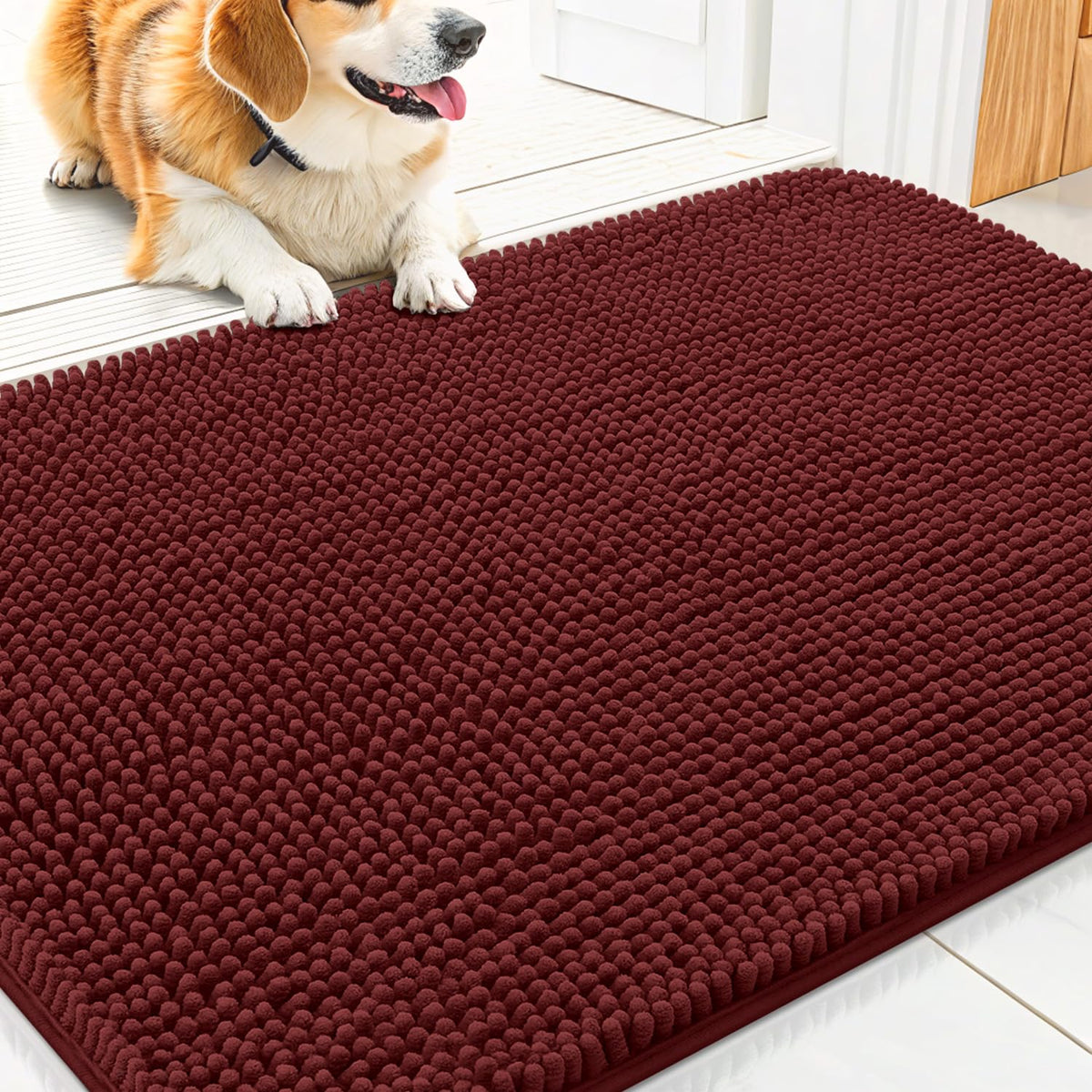 Smiry Dog Door Mat for Muddy Paws, Absorbent Dirt Trapper, Non-Slip Washable Chenille Entryway Rug for Inside Floor