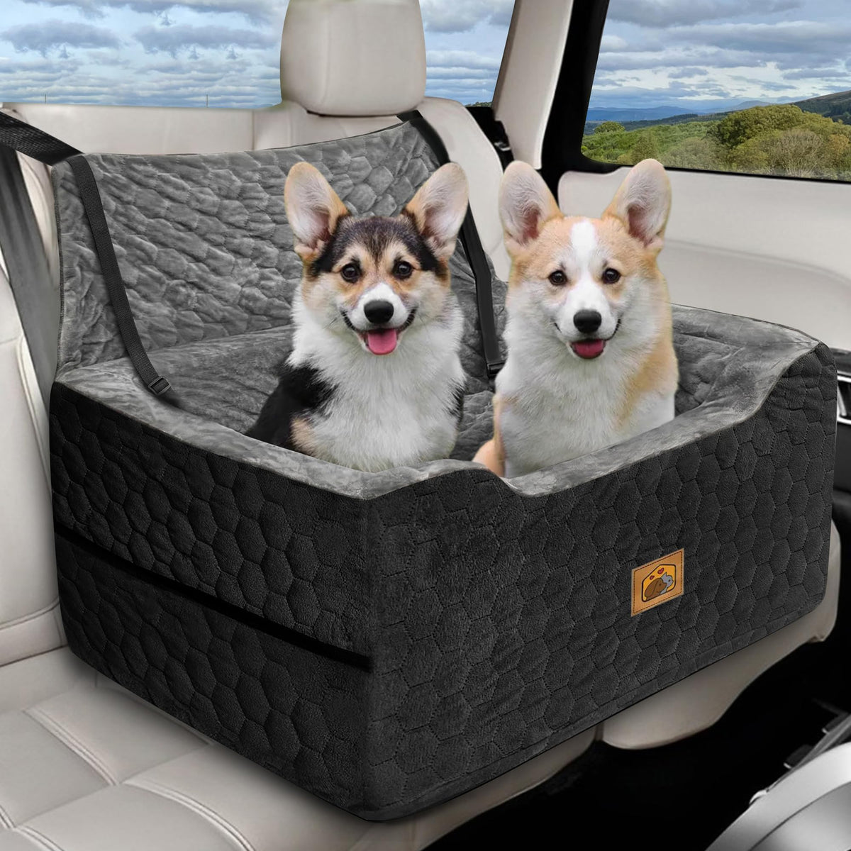 Dog Car Seat for Small/Medium Dogs, Memory Foam Dog Booster Seat, Travel Safety Per Car Seat with Washable Removable Cover, Storage Pockets for Dogs up to 35 lbs