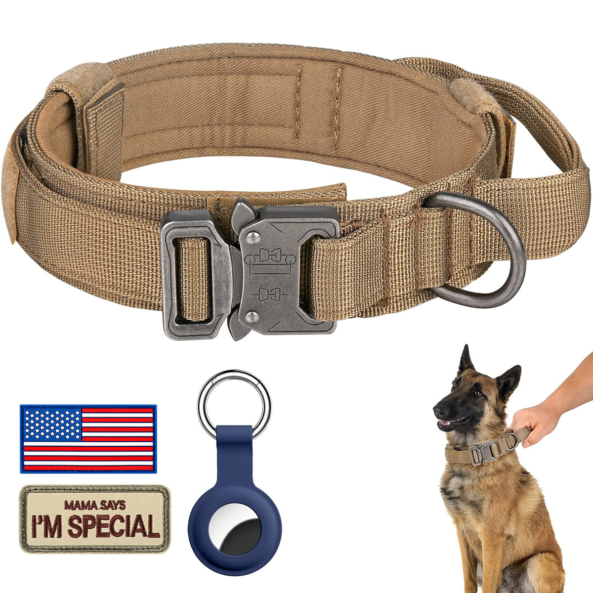 DAGANXI Tactical Dog Collar, Adjustable Military Training Nylon Dog Collar with Control Handle and Heavy Metal Buckle for Medium and Large Dogs, with Patches and Airtags Case