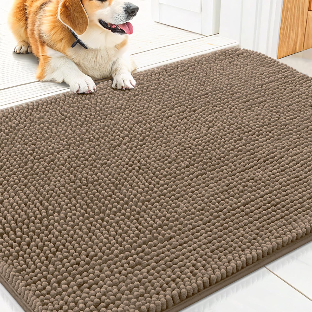 Smiry Dog Door Mat for Muddy Paws, Absorbent Dirt Trapper, Non-Slip Washable Chenille Entryway Rug for Inside Floor