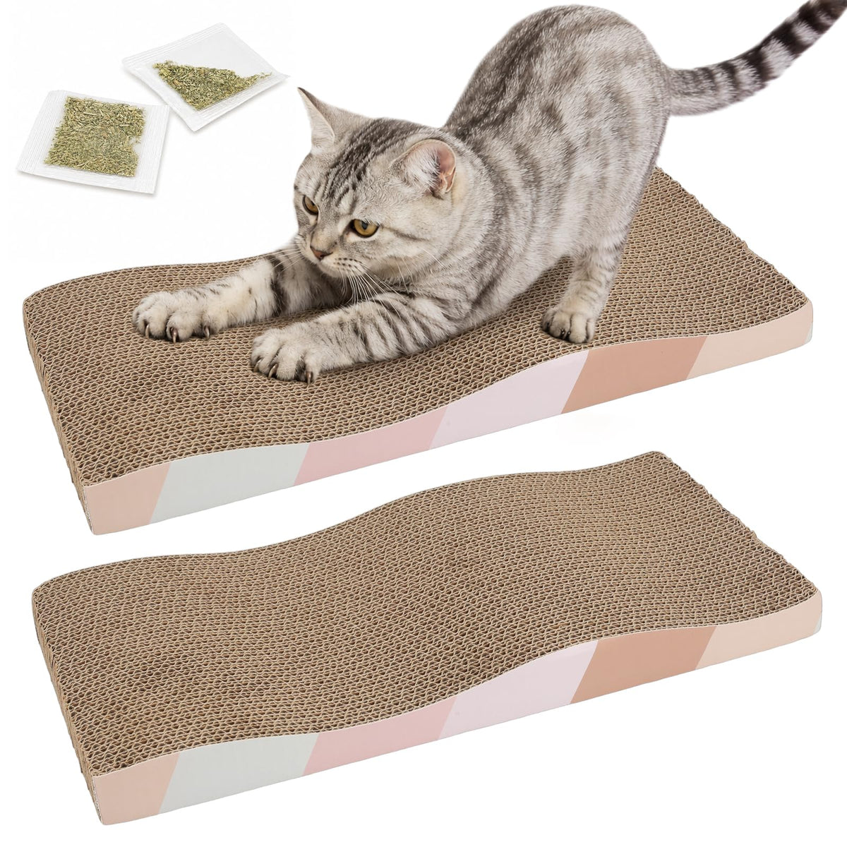SIDAZON Cat Scratch Pad Cardboard cat scratchers for Indoor Cats Reversible Large Wide Corrugated with Catnip and Mini Toy