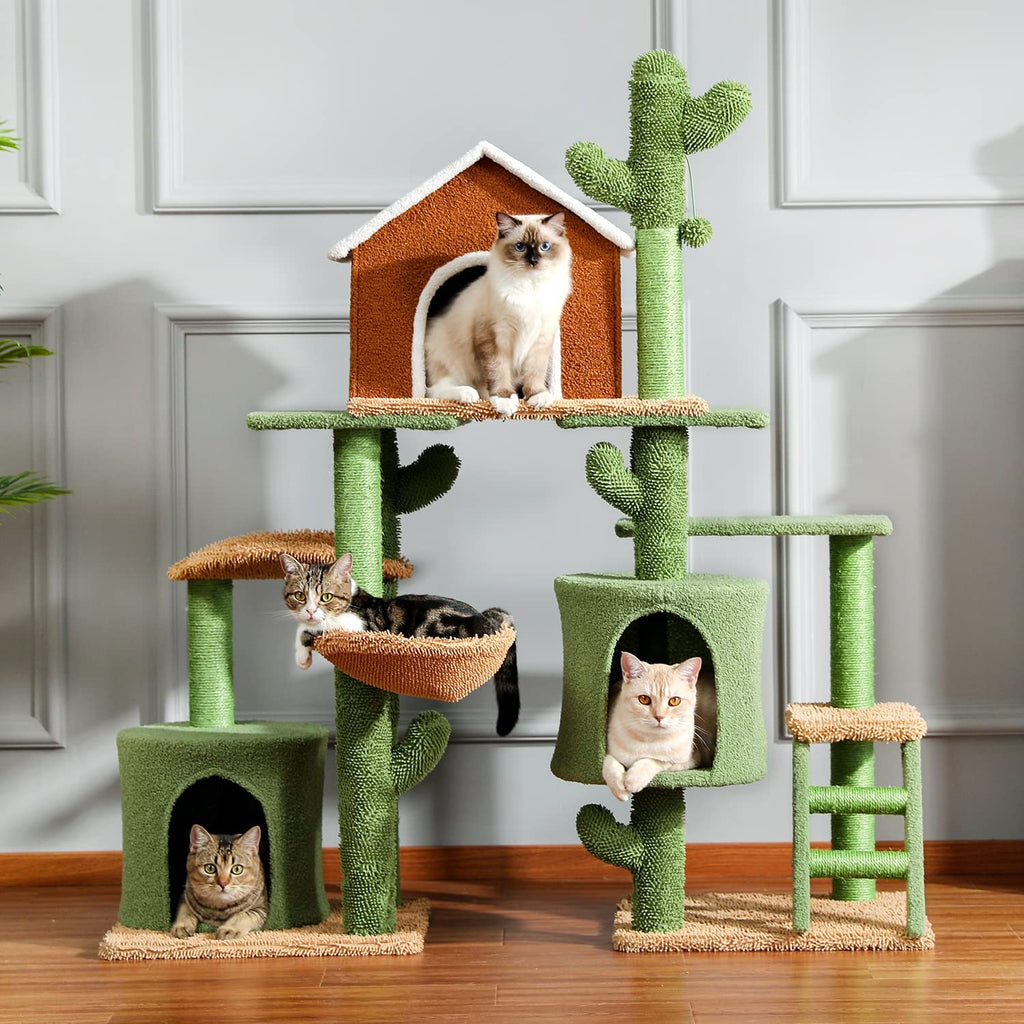 3 in 1 Cat Tree Combination Cat's Tower with Scratching Post Cute Cactus House Furniture with Condo Nest Pet Scratcher