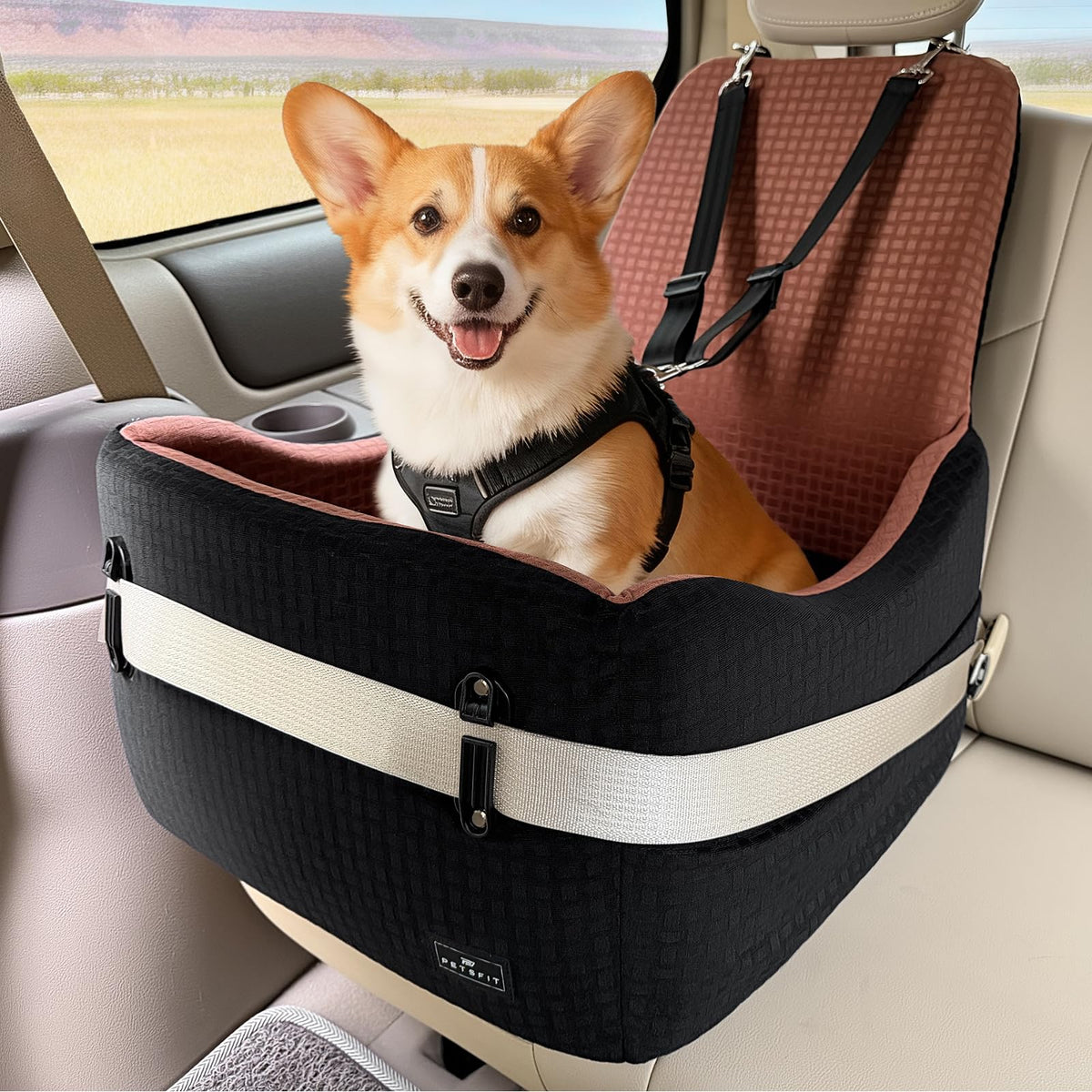 PETSFIT Dog Booster Car Seat for Small/Medium Dogs Up to 35 lbs – Patented Safety System, 5" Memory Foam Pet Car Seat, Fully Detachable and Washable Cover