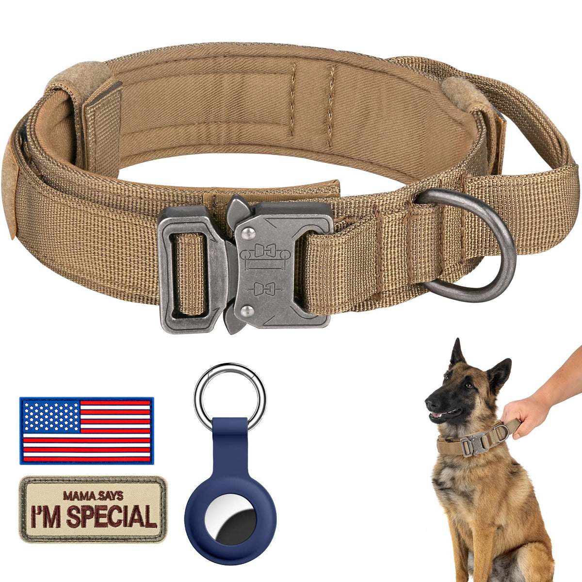 DAGANXI Tactical Dog Collar, Adjustable Military Training Nylon Dog Collar with Control Handle and Heavy Metal Buckle for Medium and Large Dogs, with Patches and Airtags Case