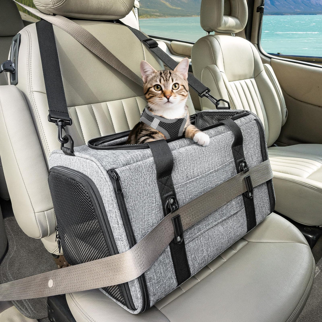 Petsfit 18 X 11 X 11 Airline Approved & Cat Car Carrier, with Patent Safety Buckles & Lockable Zippers Preventing Escapes, Breathable Mesh & Padded Mat — Portable, Stress-Free Travel Carrier