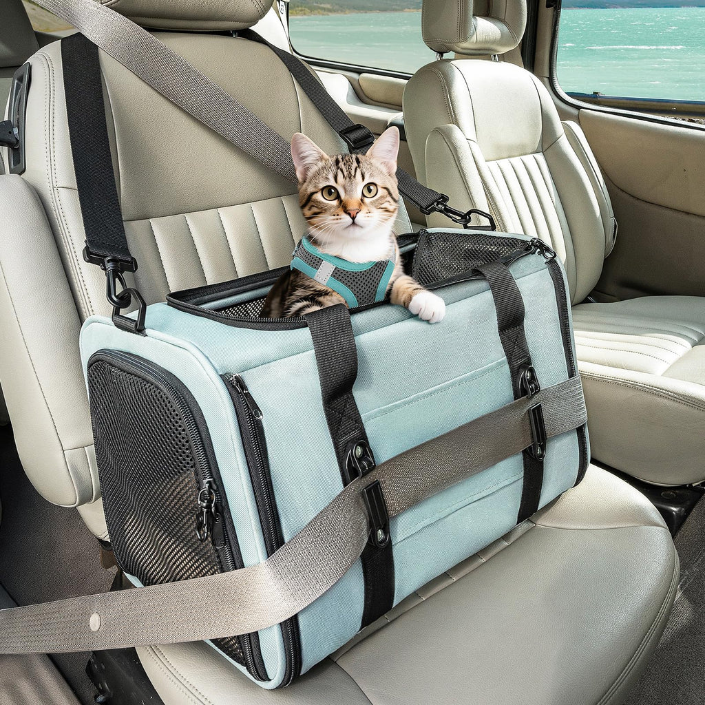 Petsfit 18 X 11 X 11 Airline Approved & Cat Car Carrier, with Patent Safety Buckles & Lockable Zippers Preventing Escapes, Breathable Mesh & Padded Mat — Portable, Stress-Free Travel Carrier