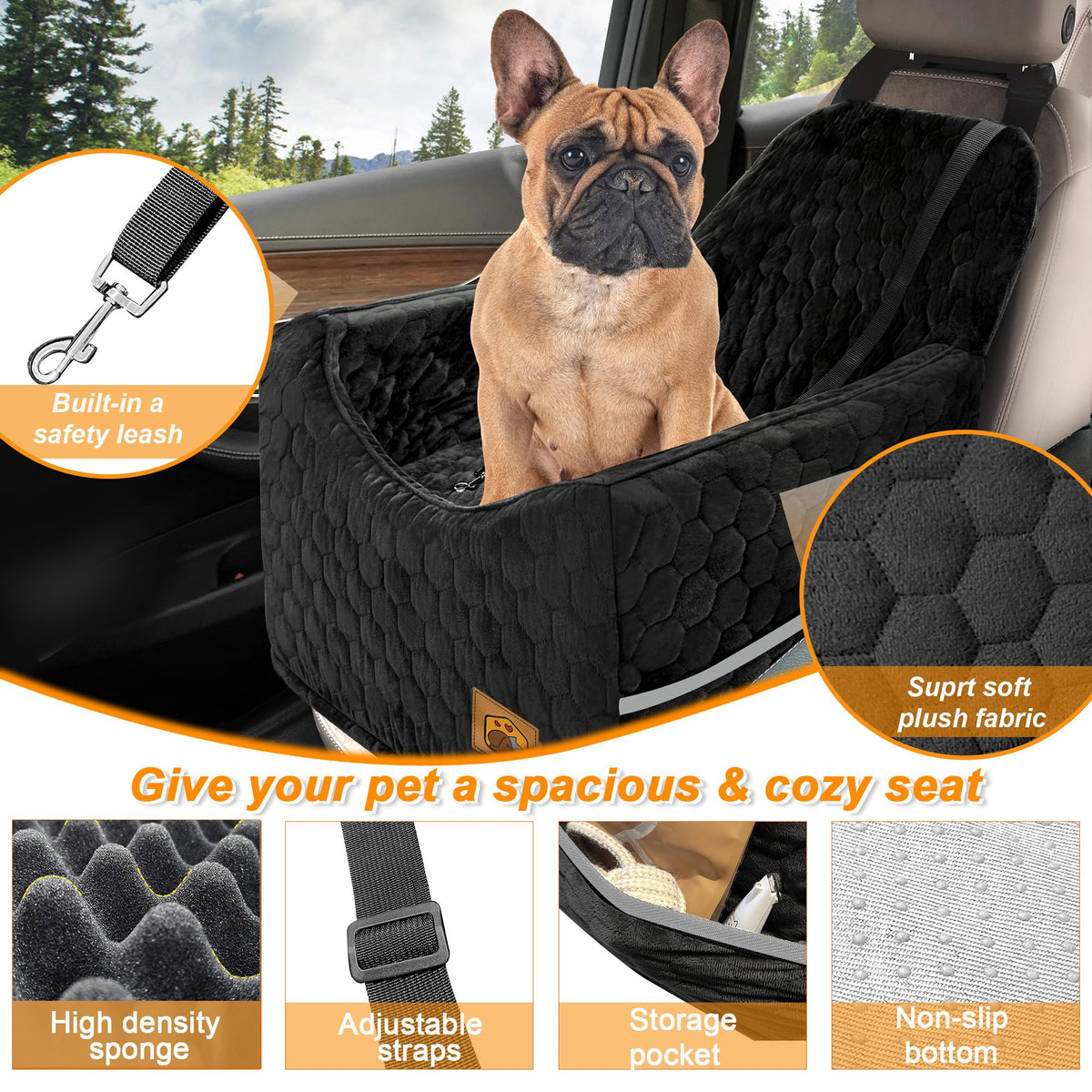 Dog Car Seat for Small/Medium Dogs, Memory Foam Dog Booster Seat, Travel Safety Per Car Seat with Washable Removable Cover, Storage Pockets for Dogs up to 35 lbs